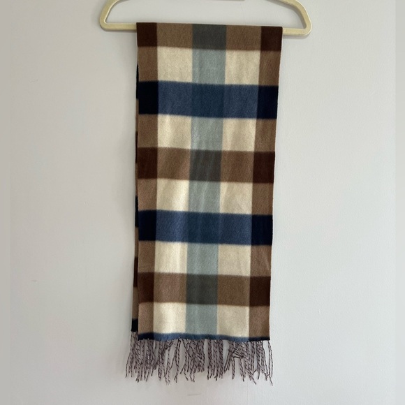 Royal Rossi Plaid Mongolian Cashmere Fringe Scarf Blue Brown Cream - Picture 2 of 7